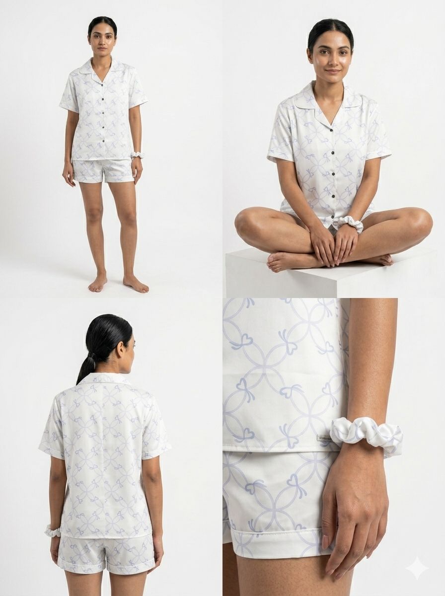 Blue Lattice Bow Print PJ Set