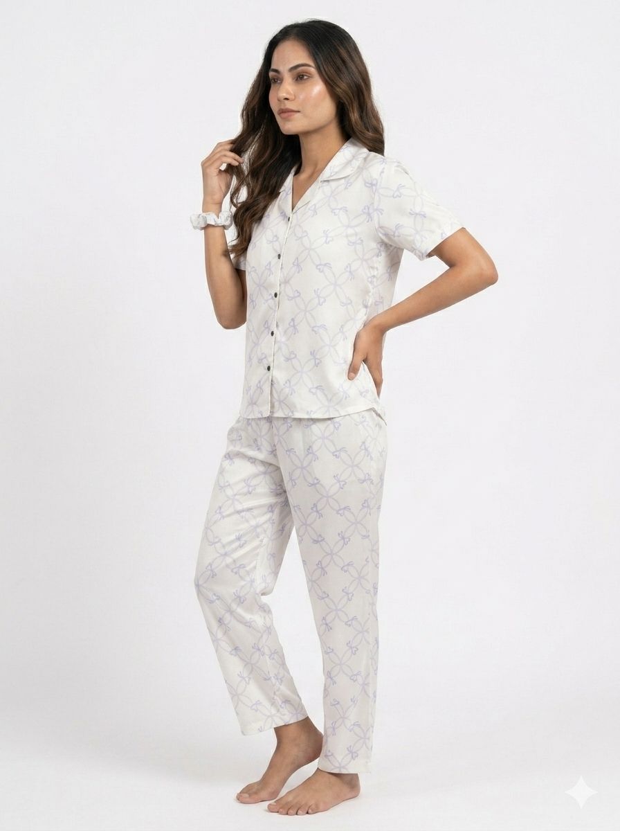 Blue Lattice Bow Print PJ Set