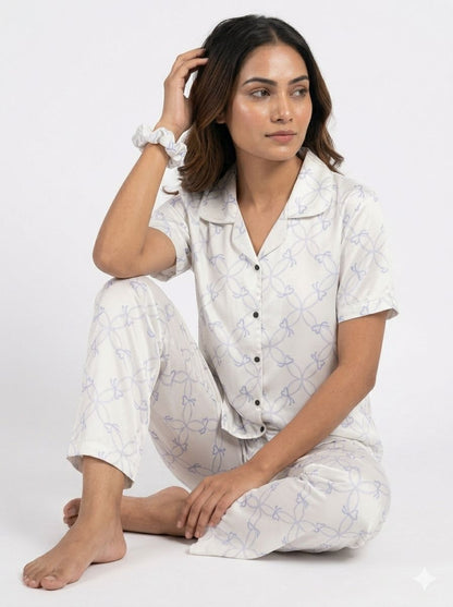 Blue Lattice Bow Print PJ Set